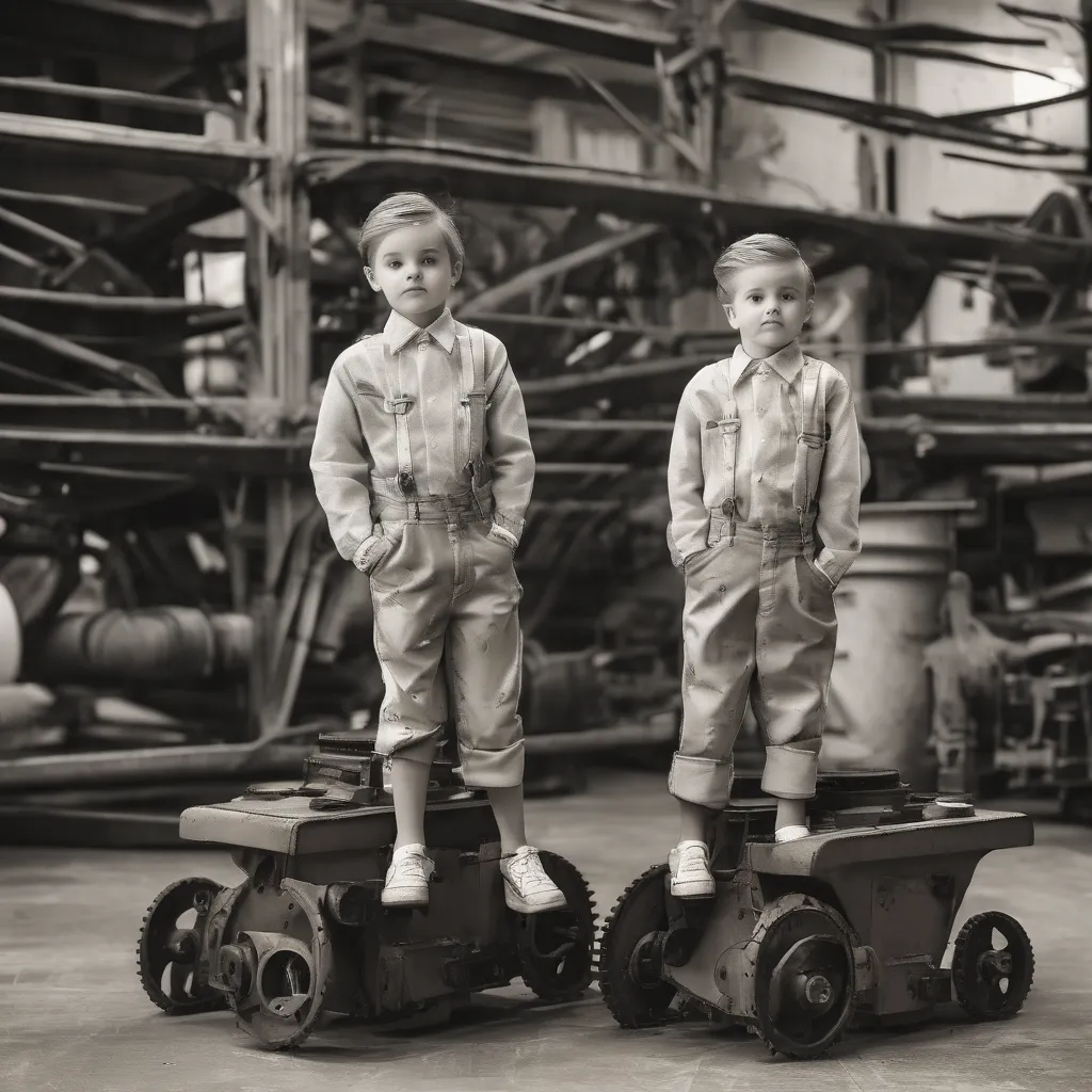 Stylish twins standing on machinery